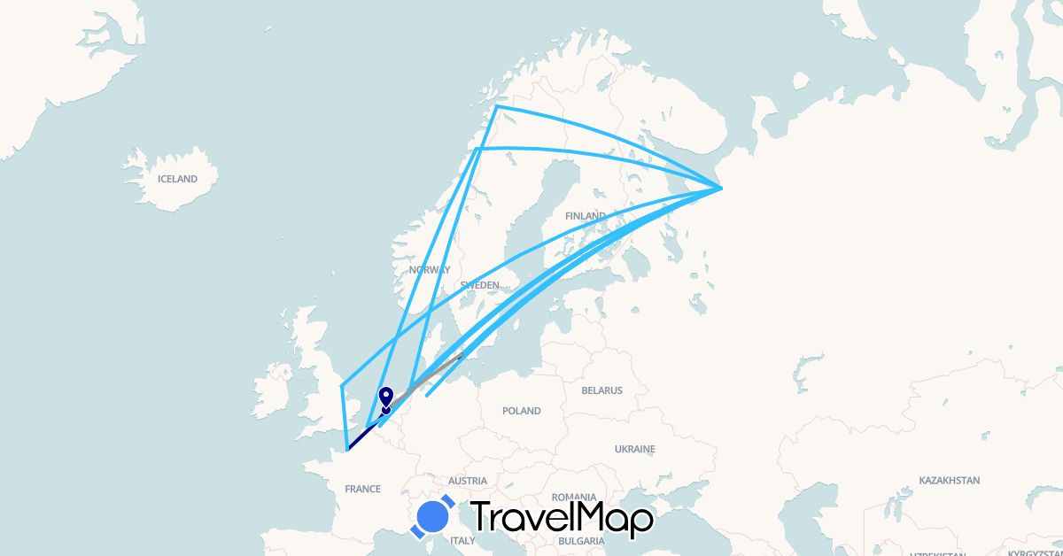 TravelMap itinerary: driving, plane, boat in Belgium, Germany, Denmark, France, United Kingdom, Netherlands, Norway, Russia (Europe)